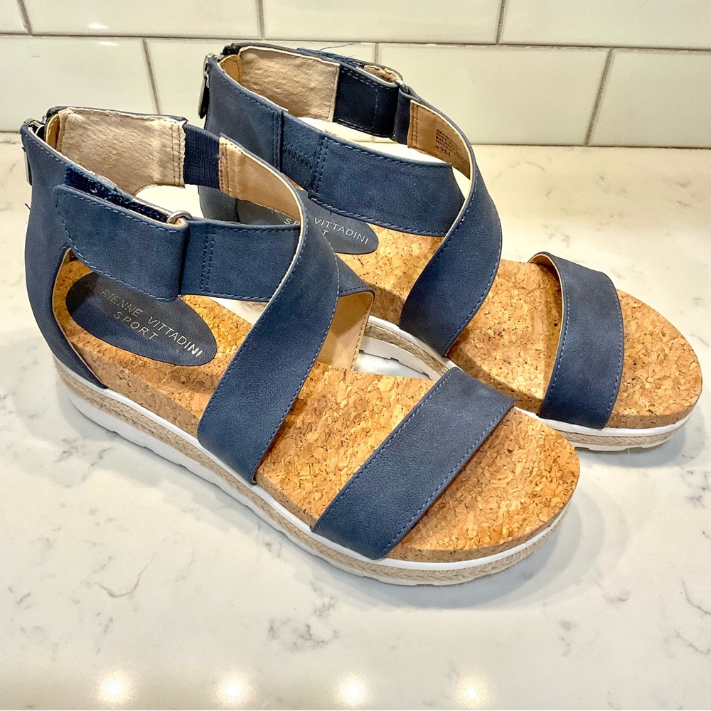 Adrienne Vittadini Blue Cork Sandals Cecelia